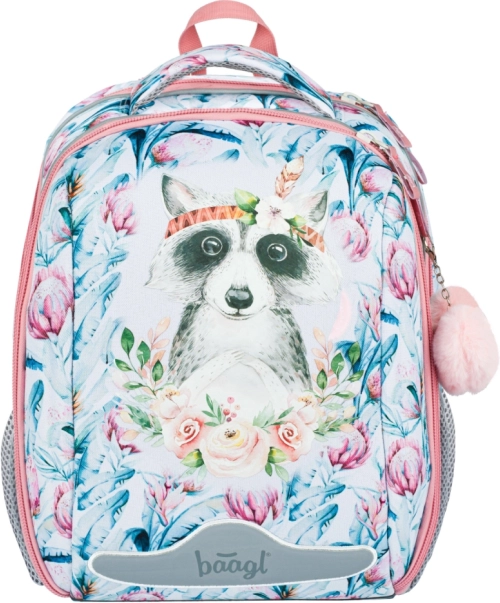 Schulranzen mit Waschbär und Blumenmuster