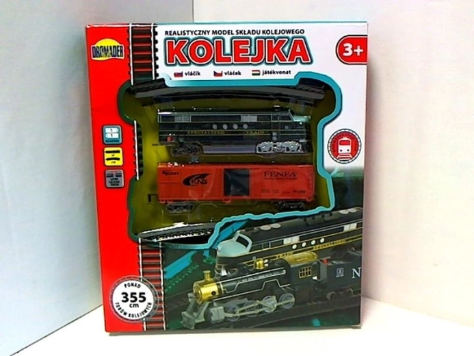 Kinder-Eisenbahnstrecke mit Lokomotive und Güterwagen 355 cm