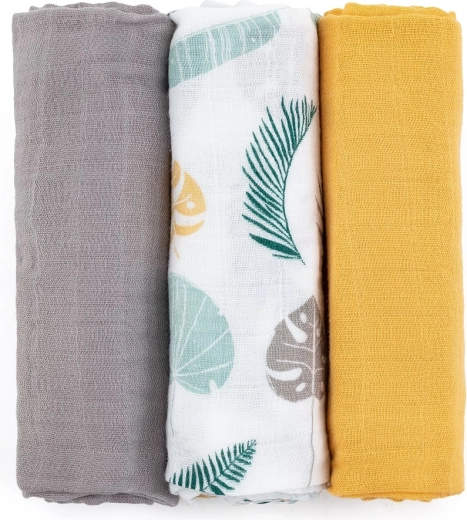 Petite&Mars Set aus Bambus-Musselintüchern Moussy Ochre Leaves, 3 Stk., 68 × 68 cm