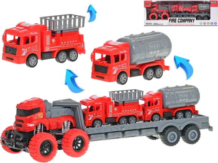 Sattelschlepper mit Anhänger mit Schwungrad und Feuerwehrfahrzeugen