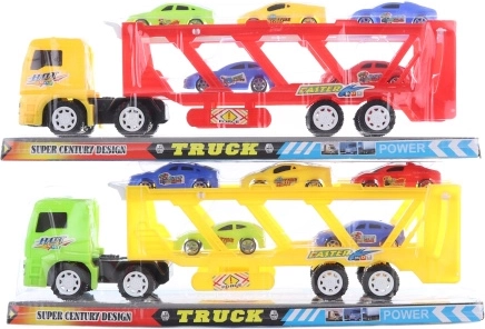 Spielzeug-Autotransporter mit Schwungrad und 5 Freilauf-Autos, Kunststoff