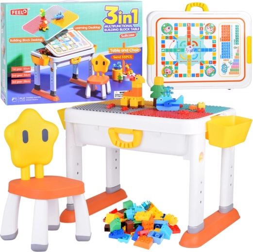 Verstellbarer Kindertisch 3-in-1 mit beidseitiger Platte und Bausteinen