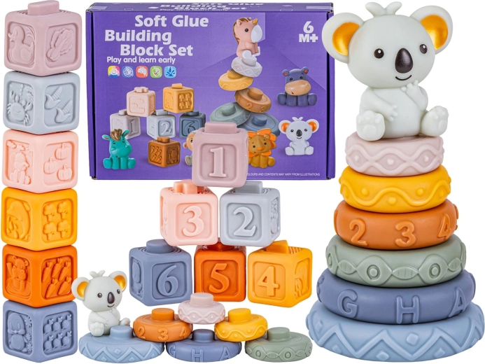 Sensorische weiche Silikonwürfel und Stapelturm mit Zahlen und Formen mit Koala