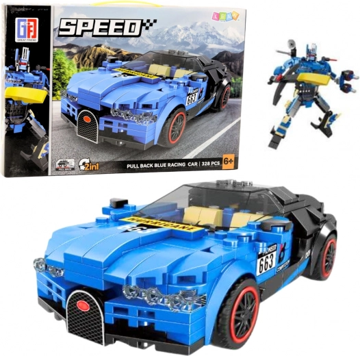 Bauset 2-in-1 Roboter und Rennwagen, 328 Teile, blau