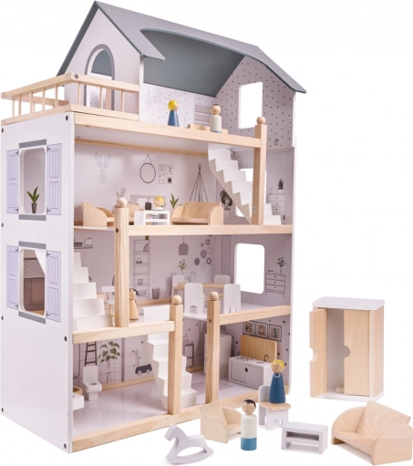 Helles hölzernes Puppenhaus mit Möbeln – 80 cm