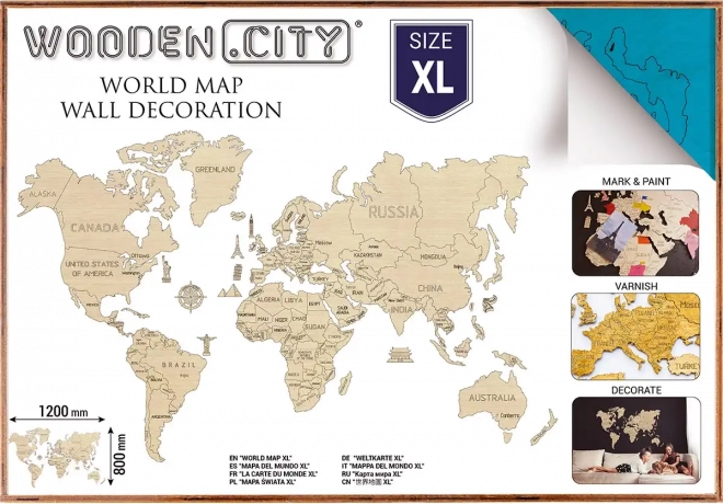 Holz Weltkarte für 3D-Wand XL – natürliches Türkis