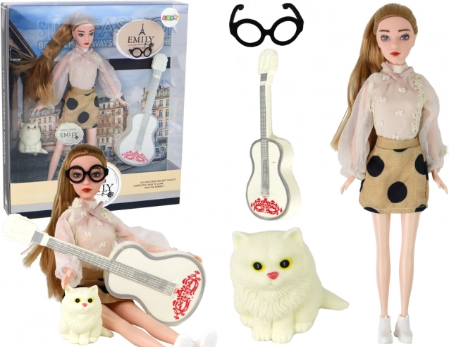 Puppe Emily mit Gitarre, Brille und Kätzchen