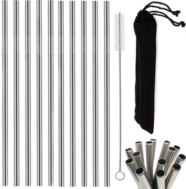 Set aus 10 wiederverwendbaren Edelstahl-Trinkhalmen mit Bürste und Etui