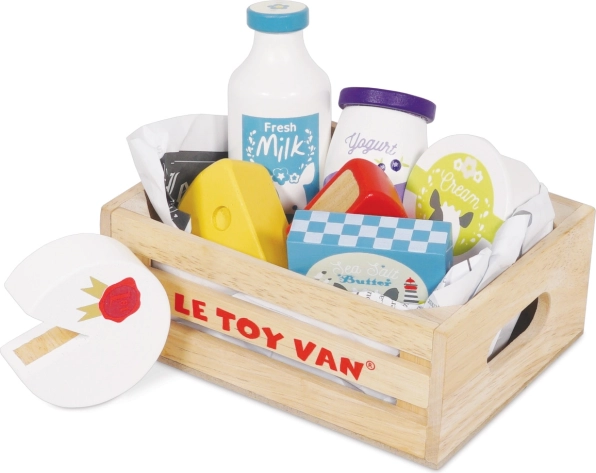 Holzkiste mit Milchprodukten für Kinder