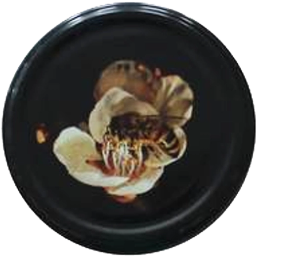 Schwarzer Einmachdeckel TO 82 mit Bienenmotiv (6 Zacken)