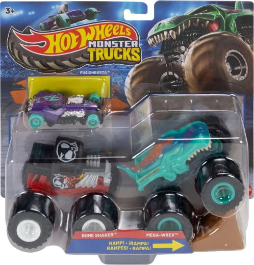 Mattel Hot Wheels Monster Trucks Set mit 2 Monster-Trucks, Rampe und Hot-Wheels-Auto
