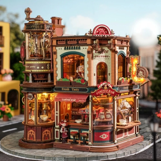 Detailreiches Café mit markanter Fassade und leuchtenden Schildern