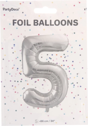 Silberner Folienballon Zahl 5, 86 cm