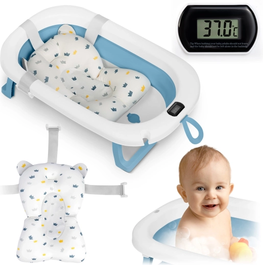 Zusammenklappbare Babybadewanne mit Thermometer und Neugeboreneneinsatz, weiß-blau