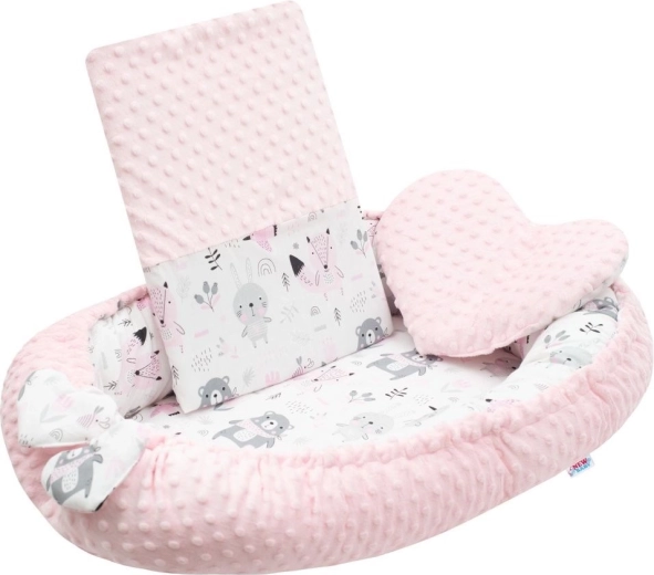 Luxuriöses Baby-Nestchen mit Kissen und Decke aus rosa Minky NEW BABY