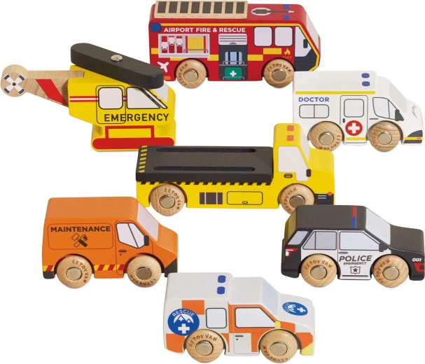 Le Toy Van Holz-Set mit Rettungsfahrzeugen und Hubschrauber