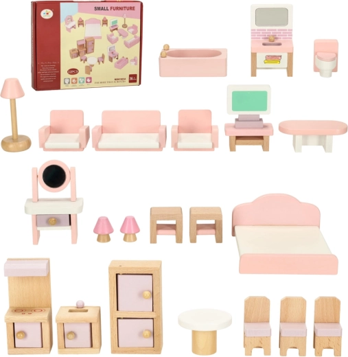 Holzmöbel für das Puppenhaus – Wohnzimmer, Schlafzimmer, Bad und Küche, rosa