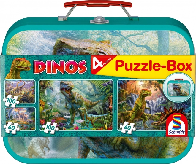 Kinderpuzzle Dinosaurier 4-in-1 in einem Blechkoffer