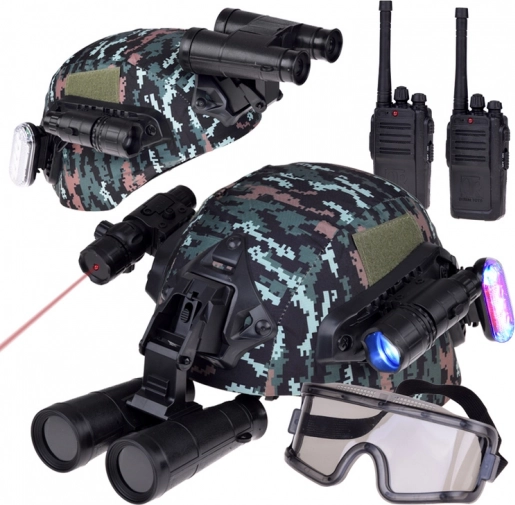 Militärisches Ausrüstungsset mit Helm, Fernglas und Walkie-Talkie