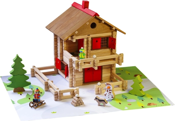 JEUJURA Holz-Baukasten – große Alpenhütte, 215 Teile