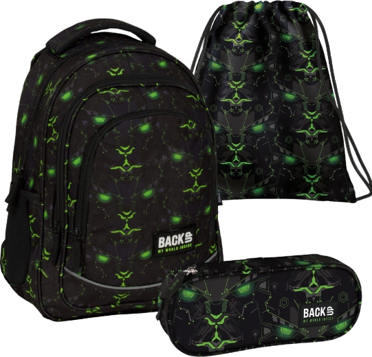 Schulset BackUP Monster Green 3-in-1 – Rucksack, Federmäppchen und Turnbeutel