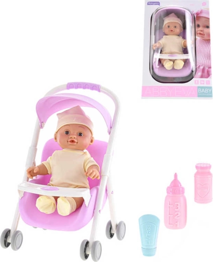 Baby-Puppe im Kinderwagen mit Sound und Zubehör 24 cm