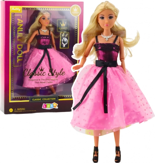 Puppe ANLILY im rosa‑schwarzen Kleid mit Zubehör