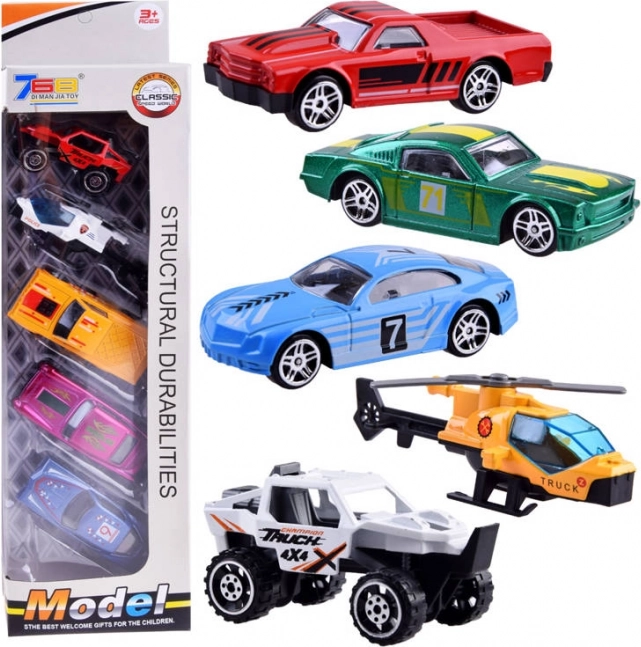 Set mit Kinderautos und einem Hubschrauber