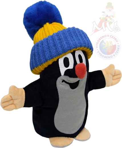 Moravská ústředna Krtek-Handpuppe mit blau-gelbem Strickmützchen 25 cm