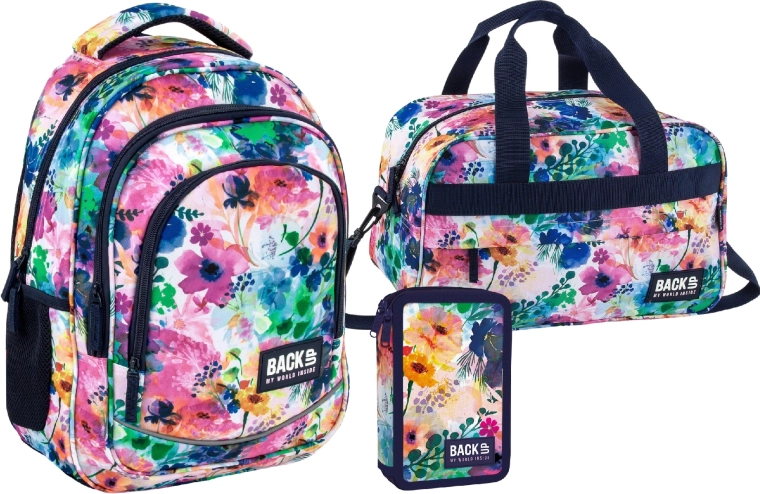 Schulset BackUP Spring Flowers 3-in-1 – Rucksack, ausgestattetes Federmäppchen und Sporttasche