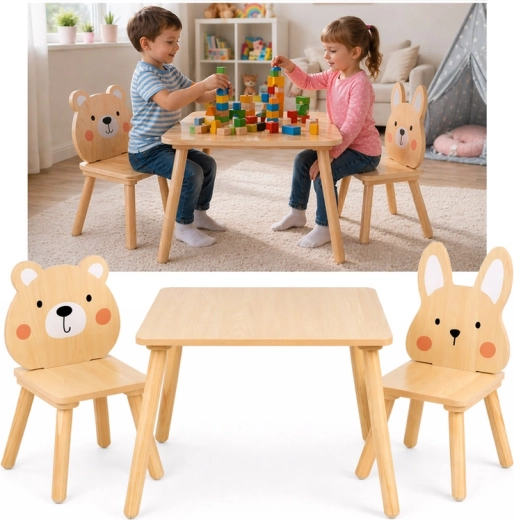Holz-Kindertisch mit zwei Stühlchen, Bärchen und Häschen