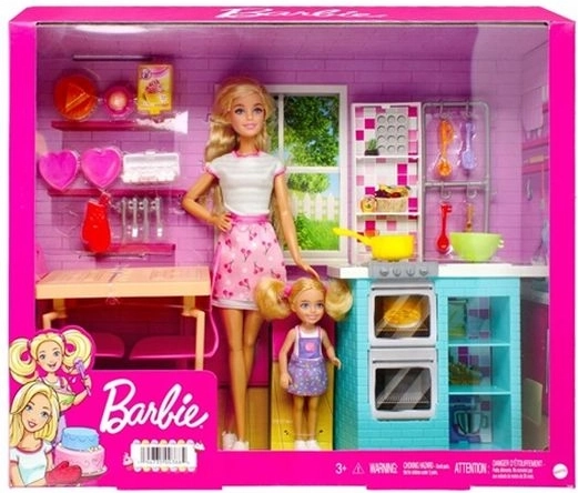 Barbie & Chelsea Set zum gemeinsamen Backen mit Küche und Esstisch