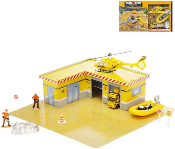Bau-Puzzle-Set 33 Stk. mit 2 Autos (Metall) und Zubehör in der Box
