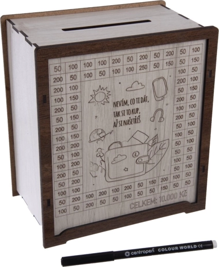 Holz-Spardose mit Aufschrift „Ich weiß nicht…“ inkl. Marker