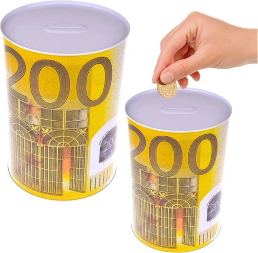 Metallsparbüchse in Form einer Dose mit 200-Euro-Schein-Motiv