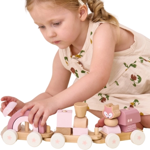 hölzener PolarB-Zug in Rosa mit Waggons und Bausteinen von Viga