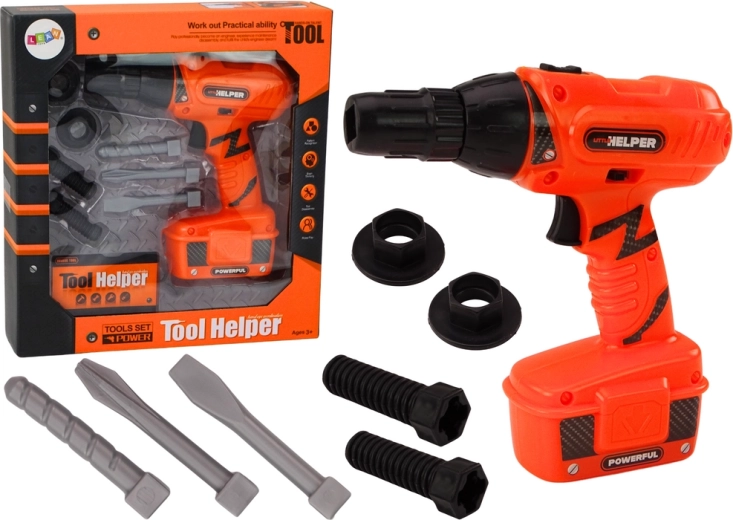 Kinder-Bohrmaschine mit Bohrern und Schrauben orange