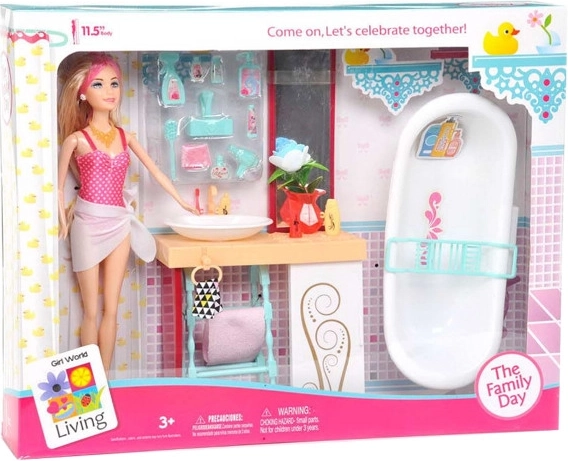 Puppe mit Badezimmermöbeln und Zubehör