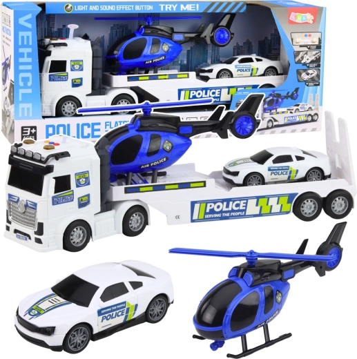 Polizei-Transportlastwagen mit Autotransporter, Auto und Hubschrauber mit Licht und Sound