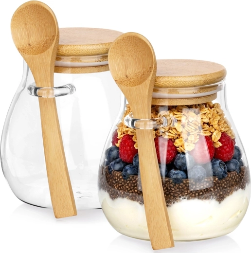 Gläser für Joghurt und Desserts mit Bambusdeckel und Löffel, 440 ml, 2 Stück