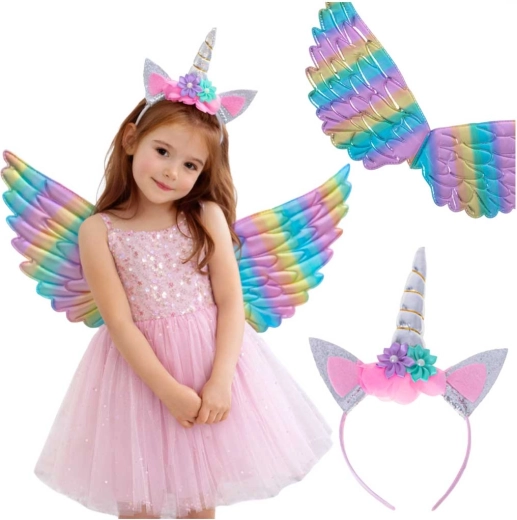 Kinder-Einhornkostüm mit Regenbogenflügeln und Haarreif