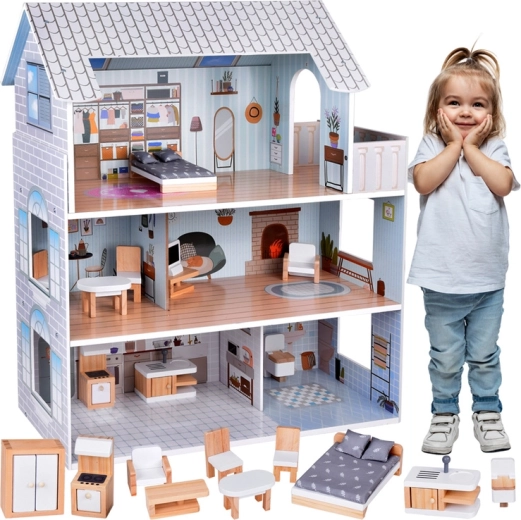 Puppenhaus aus Holz mit 3 Etagen und Möbeln