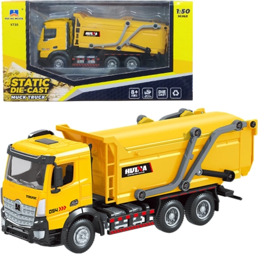 Metallmodell eines gelben Huina Müllwagens 1:50