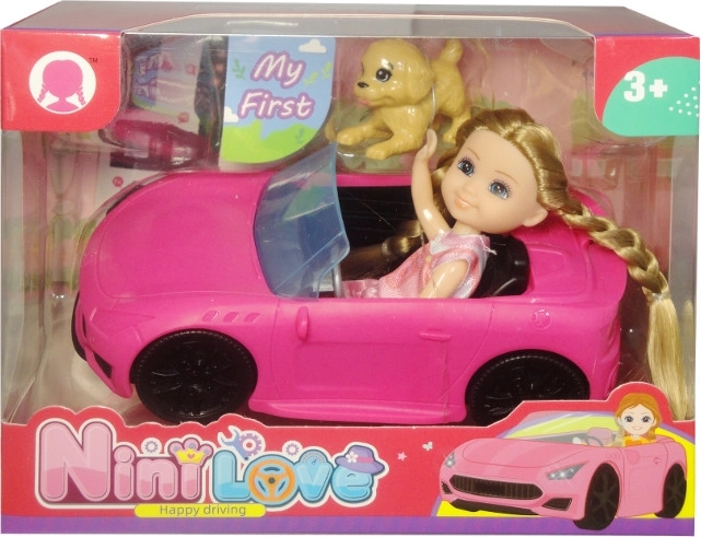 Mini-Puppe mit Hündchen im Cabrio