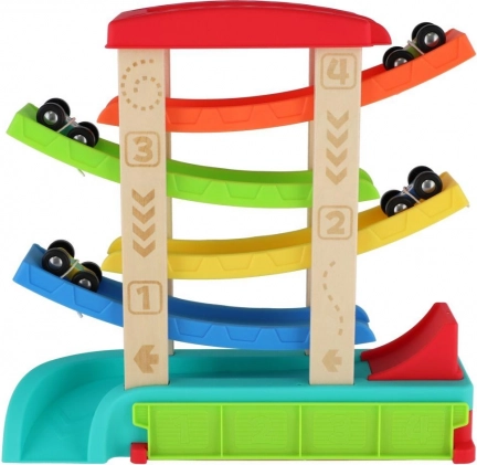Kaskaden-Rennbahn für Spielzeugautos mit 4 Fahrzeugen, Holz und Kunststoff, 33 × 32 × 10 cm