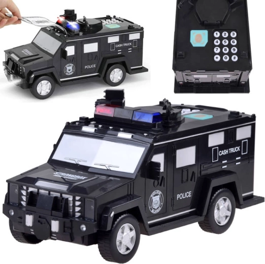 Kinder-Sparbüchse mit Passwort und Fingerabdruck – Polizeiauto – Schwarz