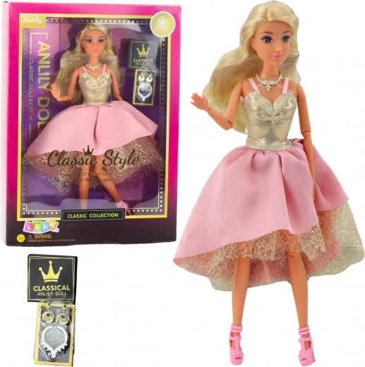 Puppe ANLILY in eleganten gold-rosafarbenen Ballkleidern mit Accessoires