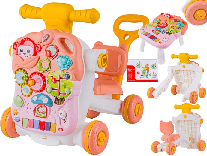 Interaktiver multifunktionaler Lauflernwagen 4-in-1 mit Rutschfahrzeug und Lern- & Spieltisch – rosa