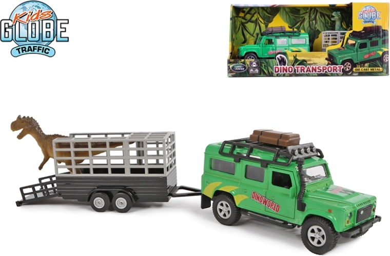 Kids Globe Traffic Geländewagen LAND ROVER mit Anhänger und Dinosaurier 28 cm, Metall, Rückziehmotor