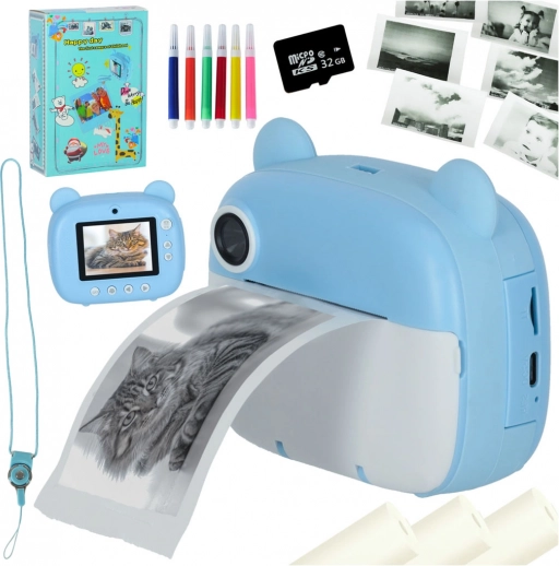 Kinder-Sofortbildkamera mit Thermodrucker, Blauer Bär, 32 GB